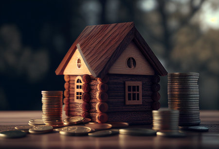 Mortgage concept by money house from coins on wooden table. generative aiの素材