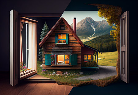 Open door to a beautiful wooden cottage in the mountains. 3D rendering generative aiの素材