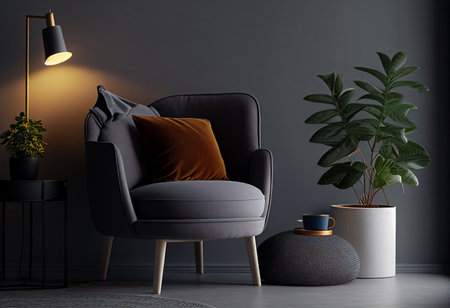 Living room interior with armchair, coffee table and plant. 3d render generative aiの素材