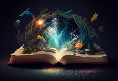 Open book with underwater world and corals, 3d illustration. generative aiの素材