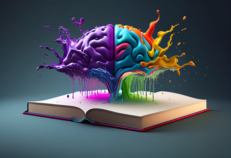 Open book with colorful paint splashes on dark background. 3d illustration generative aiの素材