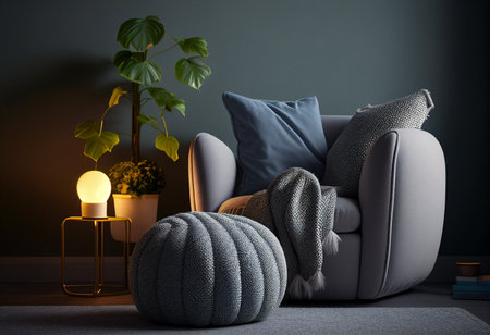 Comfortable armchair with cushions in dark interior. 3d render generative aiの素材