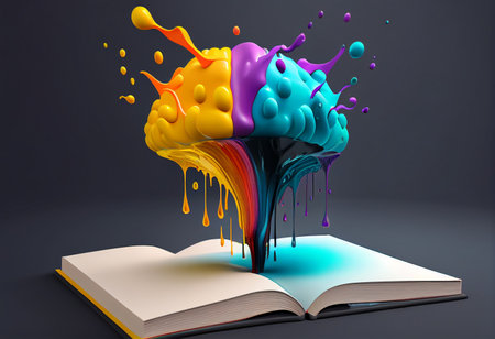 Open book with colorful paint splashes on black background. 3D illustration generative aiの素材
