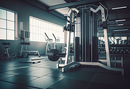 Modern gym interior with fitness equipment. 3d rendering toned image generative aiの素材