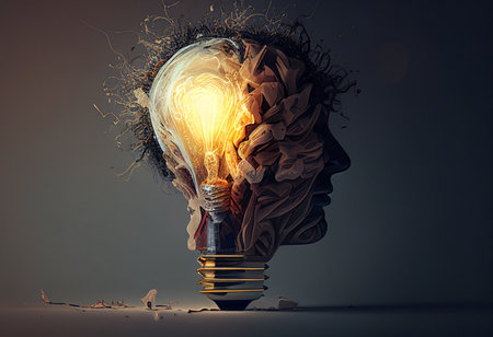 Conceptual image of human head with glowing light bulb instead of head generative aiの素材
