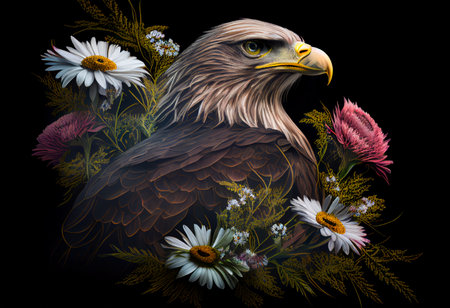 Bald Eagle with daisies on a black background. Digital painting. generative aiの素材