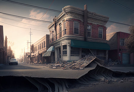 Abandoned house in the middle of the street. Collage. generative aiの素材