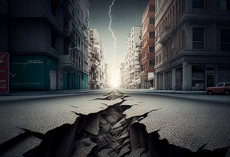 Broken asphalt road with cracks in the middle. 3d rendering generative aiの素材