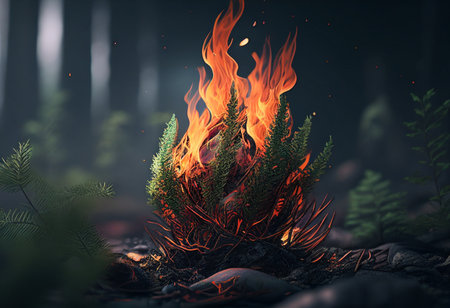 3D illustration of a fire in a dark forest. Fire in the forest. generative aiの素材