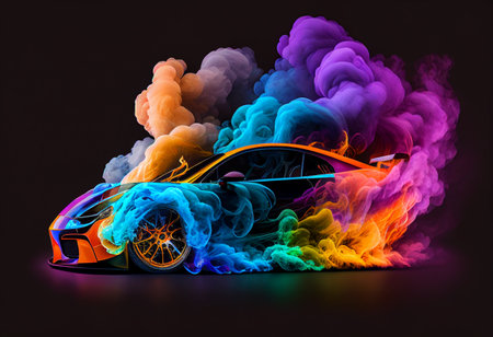 Car with colorful smoke on a black background. 3d rendering. generative aiの素材