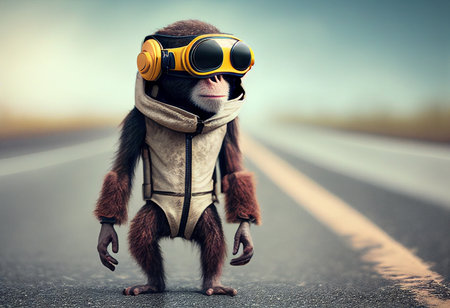 Funny monkey dressed as aviator with helmet and goggles on the road generative aiの素材