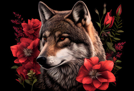 Portrait of a wolf with red flowers on a black background. generative aiの素材