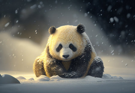 Panda in the snow at night with snowfall. 3D illustration. generative aiの素材