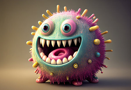 Funny cartoon virus on a gray background. 3d illustration. generative aiの素材
