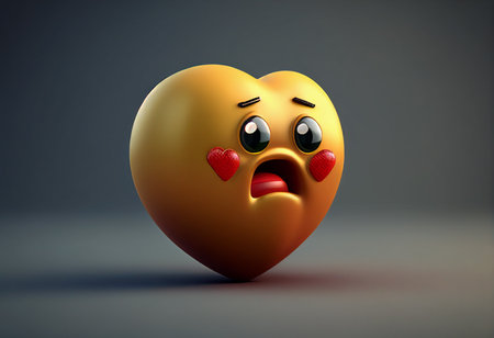Heart shaped emoticon with sad expression on grey background. 3d illustration generative aiの素材
