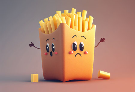 Funny french fries character. 3d illustration. Funny food concept generative aiの素材