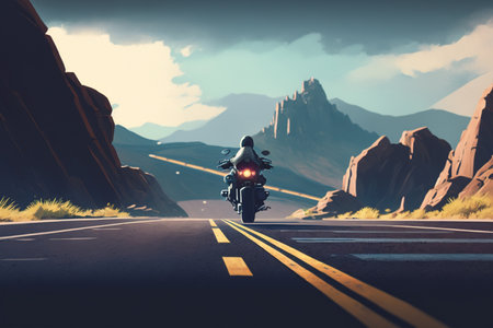 Motorcycle on the road in mountains. 3D Rendering. generative aiの素材