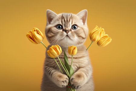 Cute kitten with bouquet of yellow tulips on yellow background generative aiの素材
