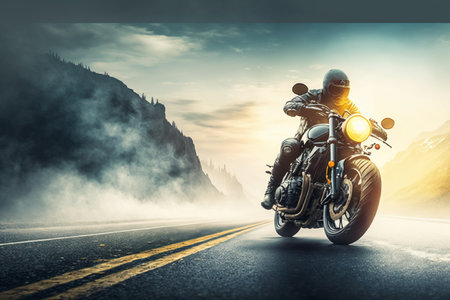 Motorcycle rider on a road in the mountains. Side view. generative aiの素材