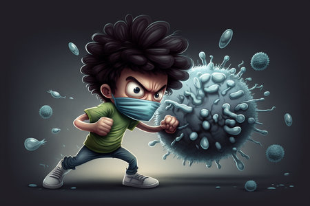 Cartoon boy fighting vs virus bacteria and viruses illustration generative aiの素材
