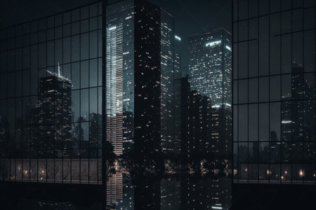 Night view of skyscrapers in the city. 3d rendering generative aiの素材