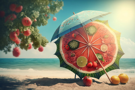 Strawberry and orange on the beach with umbrella and fruits. generative aiの素材