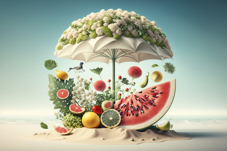Fruits and vegetables under umbrella on the beach. summer concept 3D rendering generative aiの素材