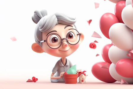 3D rendering of a cute senior woman with a piggy bank generative aiの素材