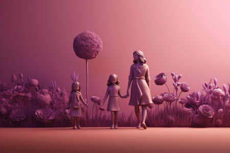 Happy mother day. 3d rendering of a little girl and her mother in the garden generative aiの素材