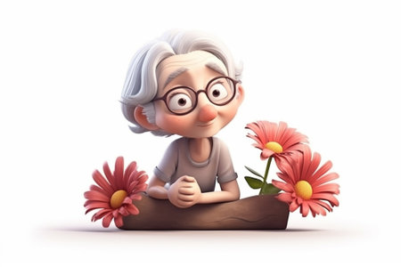 Happy mother day. Elderly woman sitting on a wooden bench with flowers, 3d illustration generative aiの素材