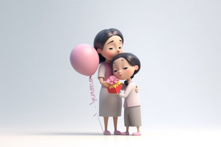 Happy family holding a gift box and a balloon, 3d rendering generative aiの素材