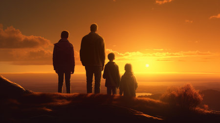 Happy father day. Silhouette of family standing on top of a mountain at sunset generative aiの素材