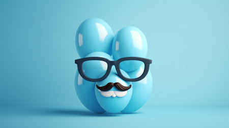 Happy father day. 3d illustration of blue balloon character with glasses and mustache on blue background generative aiの素材