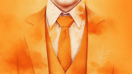 Happy father day. Businessman in orange suit and tie with watercolor splashes on orange background generative aiの素材
