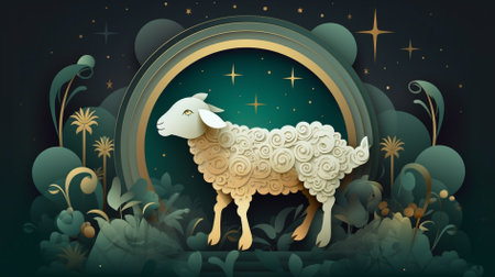 Eid al adha Sheep on the background of the night sky. Vector illustration. generative aiの素材