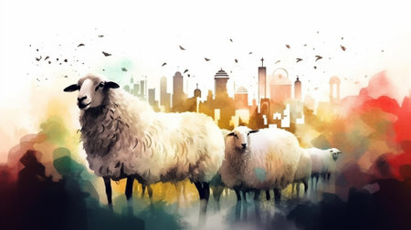 Eid al adha Flock of sheep on the city background. Digital watercolor painting generative aiの素材