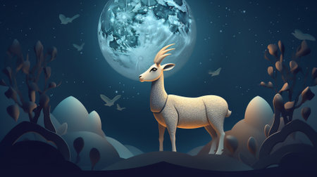 Eid al adha Illustration of a deer on a background of the night sky and the moon generative aiの素材