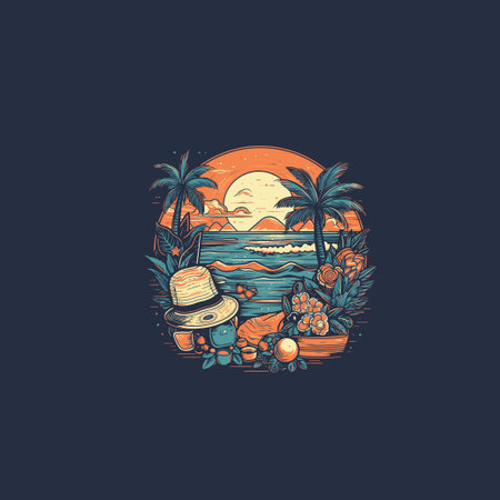 Tropical island with palm trees and sun. Vector illustration.のイラスト素材