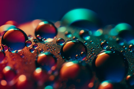 Water drops on a colorful background. Macro photo with shallow depth of field generative aiの素材
