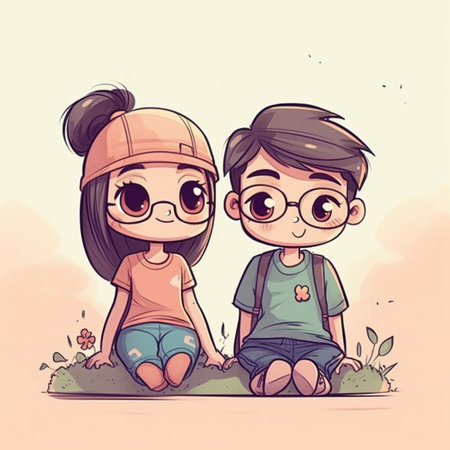 Cute little boy and girl sitting on the grass. illustration generative aiの素材