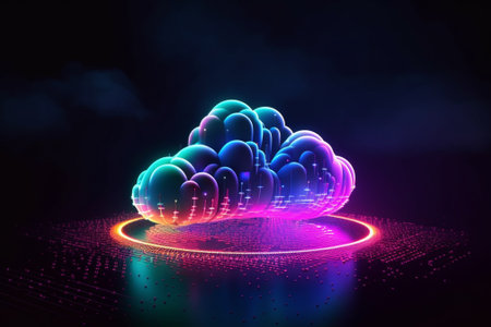 abstract 3d illustration of cloud with neon lights on dark background generative aiの素材