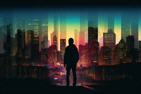 Silhouette of a man standing in front of a night cityの素材