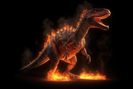 dinosaur in flames on black background - 3d render and illustrationの素材