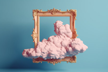 Picture frame with pink cloud on blue background. 3d rendering.の素材