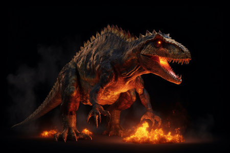 3D rendering of a dinosaur in flames isolated on black background.の素材