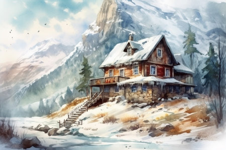 Watercolor painting of a wooden house in the mountains in winter.の素材