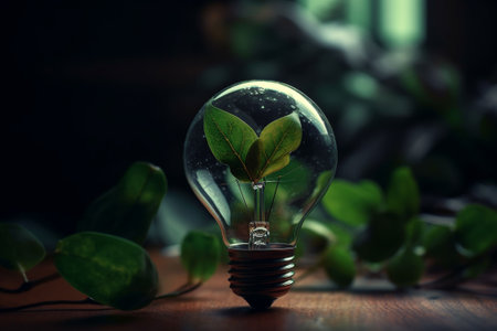 Glowing light bulb with green plant inside. Ecology and environment concept.の素材