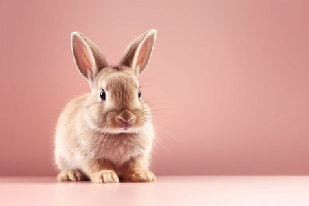Cute little rabbit on pink background. Easter concept. Copy space.の素材