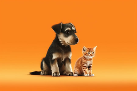 Puppy and kitten together on orange background. Animal protection conceptの素材