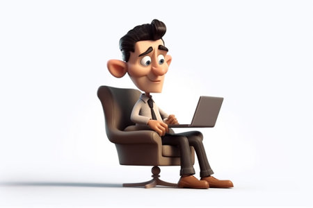 Businessman sitting in armchair and working on laptop computer - 3D illustrationの素材